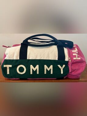 Tommy Hilfiger Pink, Green & White Canvas Travel Duffel Bag